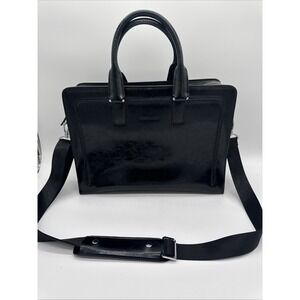 Bostanten Black Solid Leather Zipper Silver Briefcase Document Case